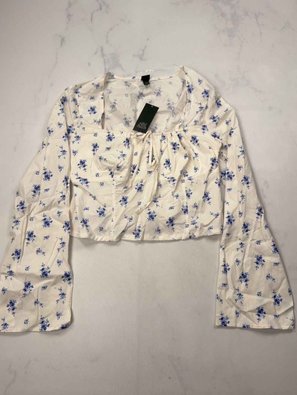 Wild Fable Blouse White Floral Bohemian Puff Sleeve Tie Front - Womens L NWT